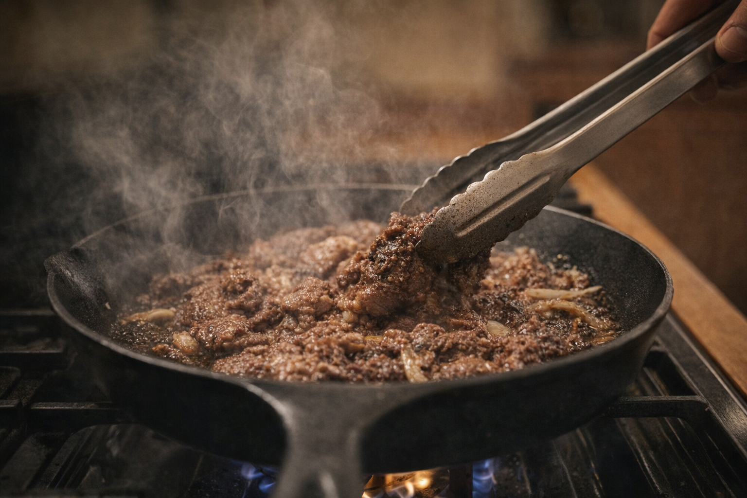 An action shot of bulgogi sizzling in a cast iron skillet on a gas stovetop, with tongs turning the meat. Focus on the steam and browning of the beef. Warm, slightly dark kitchen lighting